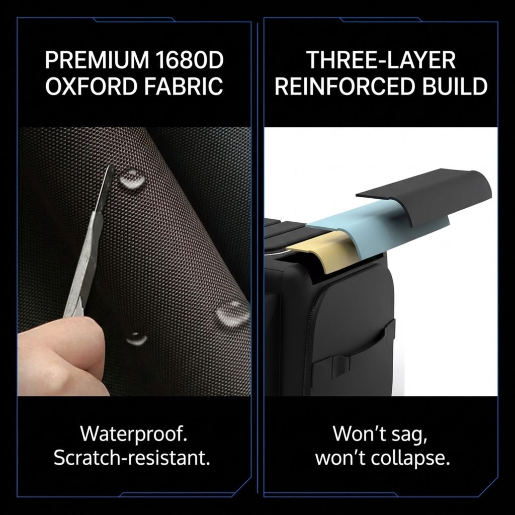A promotional split-panel graphic for a black suitcase or luggage item. Left panel shows a hand using a tool on textured Oxford fabric with text reading 'PREMIUM 1680D OXFORD FABRIC' and 'Waterproof.