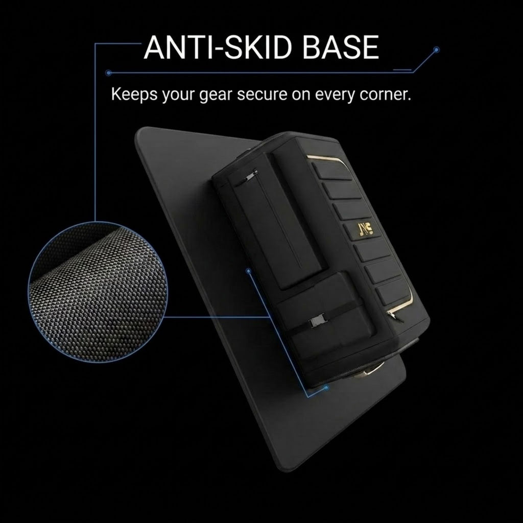 Black anti-skid base mat with a mounted black protective case, shown on a black background with text reading 'ANTI-SKID BASE' and a circular inset highlighting the textured grip surface.