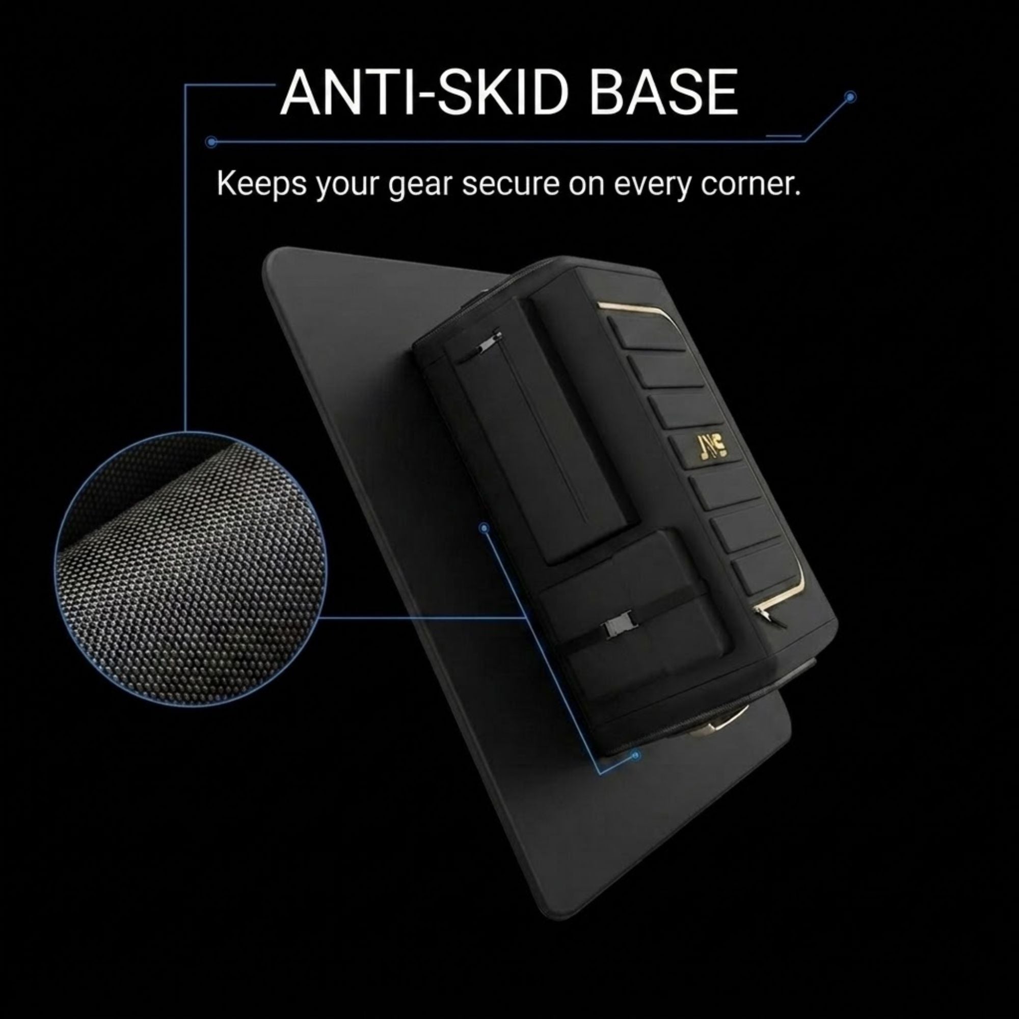 Black anti-skid base mat with a mounted black protective case, shown on a black background with text reading 'ANTI-SKID BASE' and a circular inset highlighting the textured grip surface.