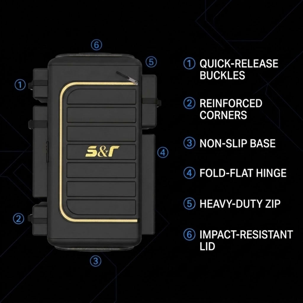 Black rugged hard case with gold trim and S&R logo, shown on a dark background with numbered callouts describing features such as quick-release buckles, reinforced corners, non-slip base, fold-flat hinge, heavy-duty zip, and impact-resistant lid.