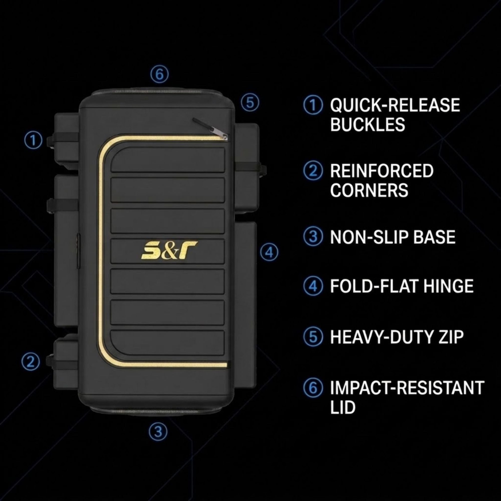 Black rugged hard case with gold trim and S&R logo, shown on a dark background with numbered callouts describing features such as quick-release buckles, reinforced corners, non-slip base, fold-flat hinge, heavy-duty zip, and impact-resistant lid.