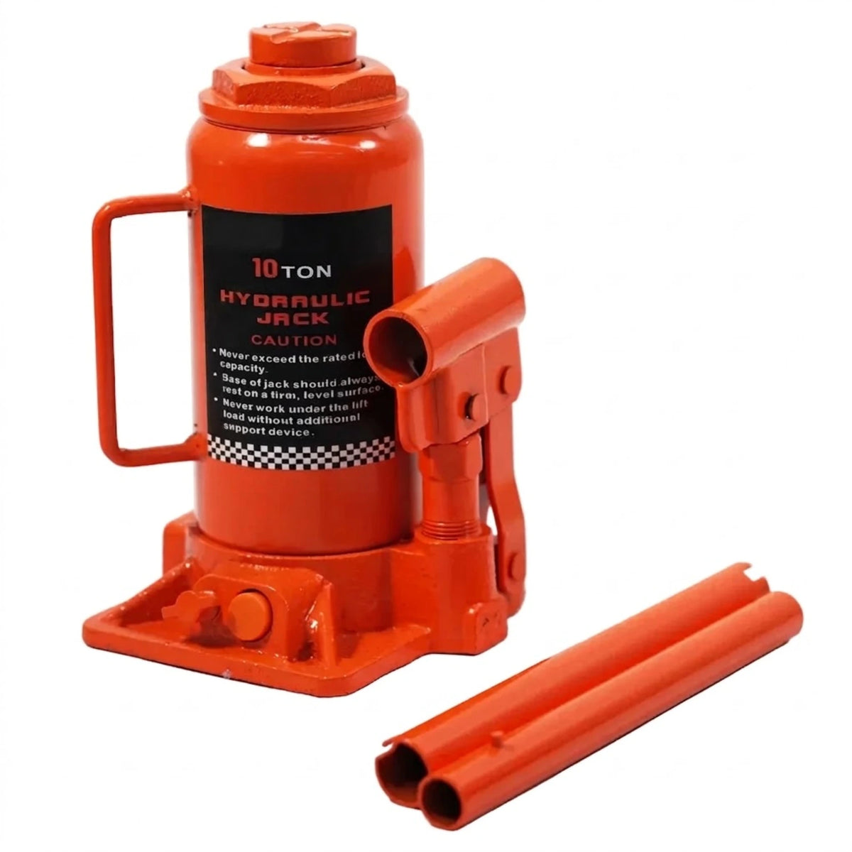 Heavy-Duty Hydraulic Bottle Jack in orange with detachable two-piece handle on a white background