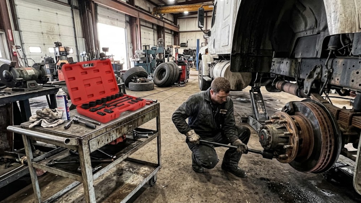 A mechanic kneels under a vehicle in a workshop, using a tool on the exposed wheel hub while an open red tool case sits on a workbench nearby.