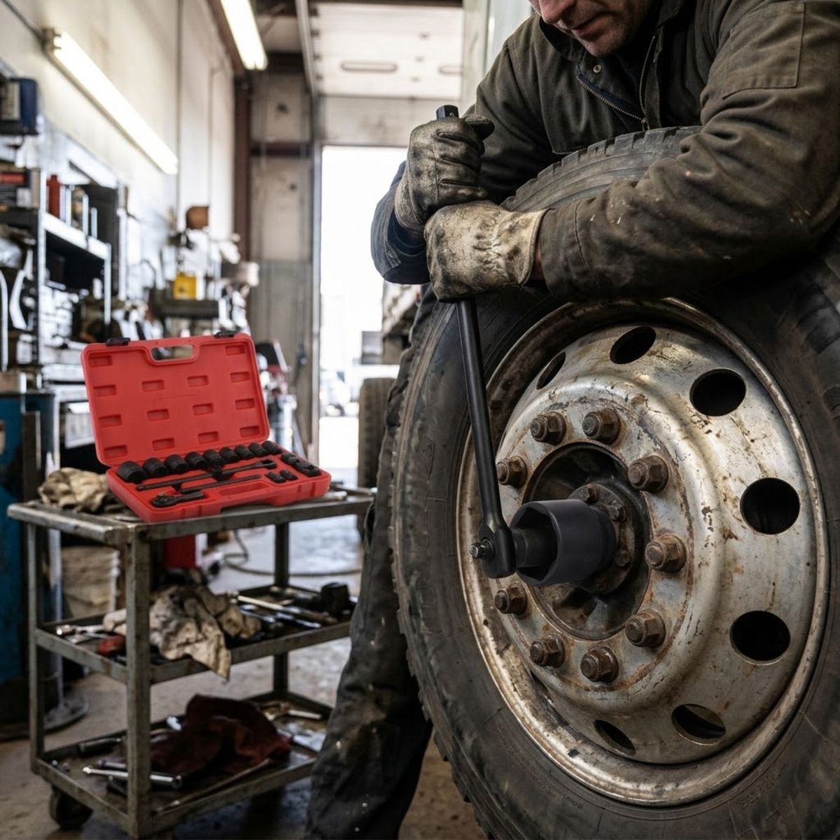 Mechanic using the Heavy-Duty Impact Socket Set on a truck wheel nut in a workshop, red case of sockets on a trolley
