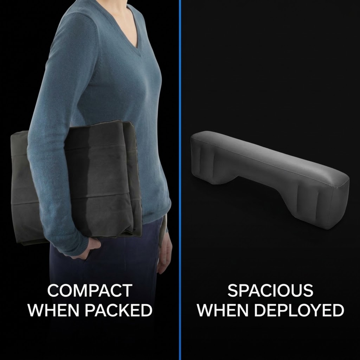 Split-screen comparison showing a dark gray rectangular bag or cushion-like product. The left side shows a person in a blue sweater holding the item compactly with the text 'COMPACT WHEN PACKED.
