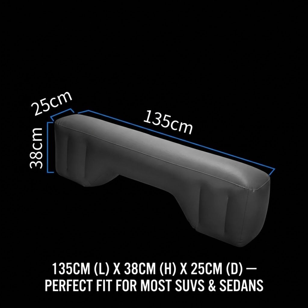 Black car armrest cushion shown on a black background with white and blue dimension labels indicating 135cm length, 38cm height, and 25cm depth, plus text stating it fits most SUVs and sedans.