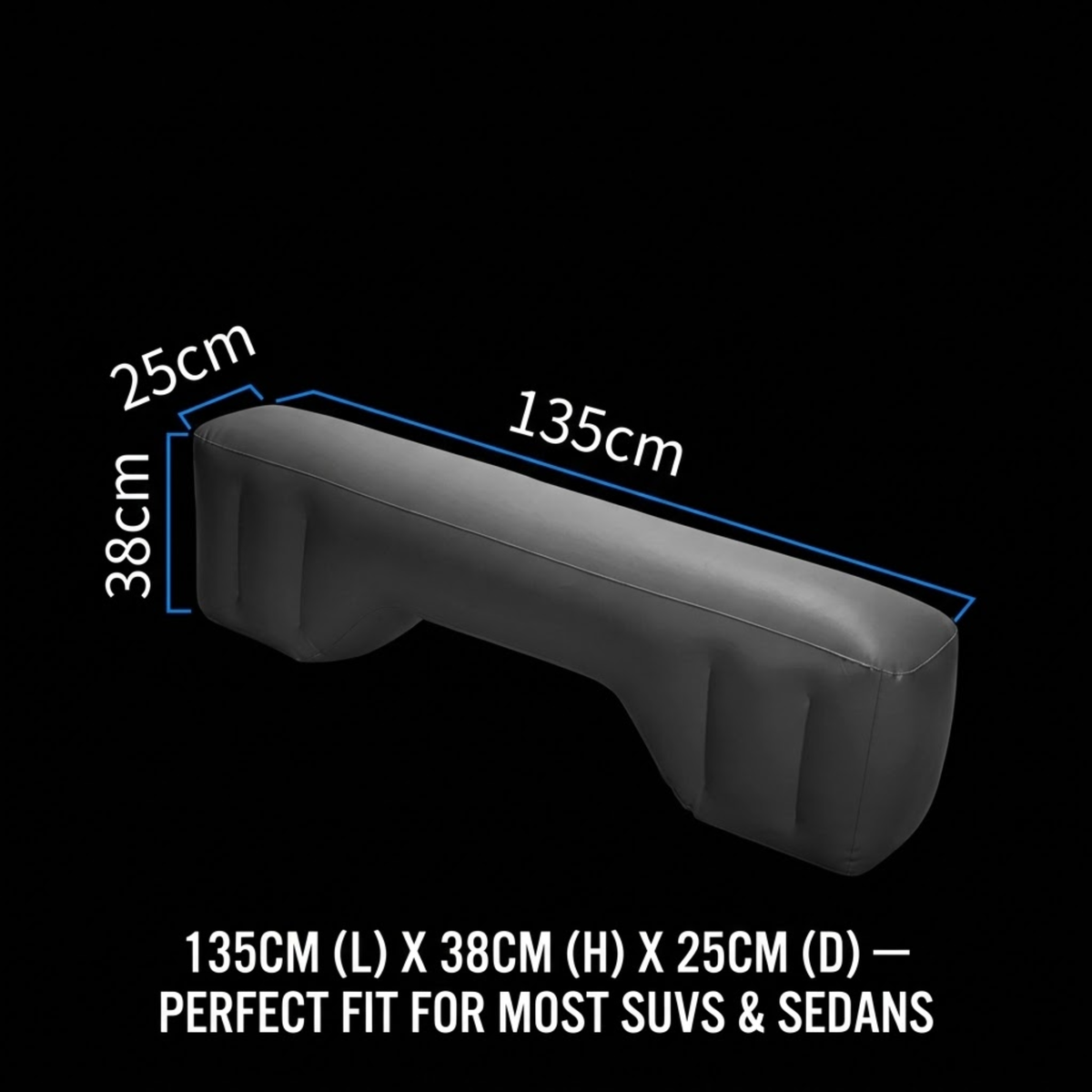 Black car armrest cushion shown on a black background with white and blue dimension labels indicating 135cm length, 38cm height, and 25cm depth, plus text stating it fits most SUVs and sedans.