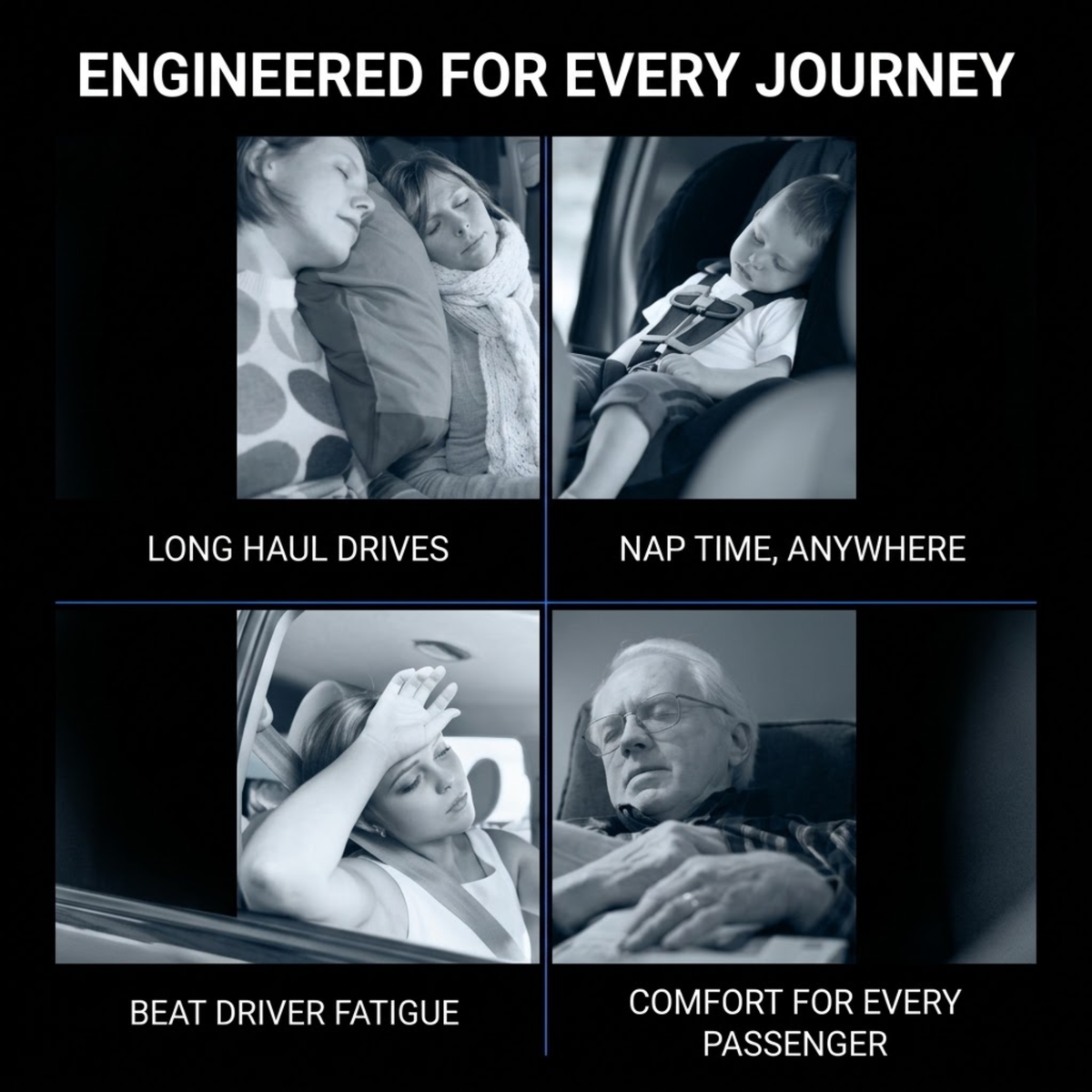 A promotional graphic with the headline 'ENGINEERED FOR EVERY JOURNEY' on a black background, showing four grayscale photos of passengers sleeping or resting in a car. Text below each photo reads 'LONG HAUL DRIVES,' 'NAP TIME, ANYWHERE,' 'BEAT DRIVER FATIGUE,' and 'COMFORT FOR EVERY PASSENGER.