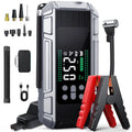 Heavy-Duty Jump Starter Pro portable jump starter with tyre inflator hose, nozzle attachments, jumper cables and carry case on a white background