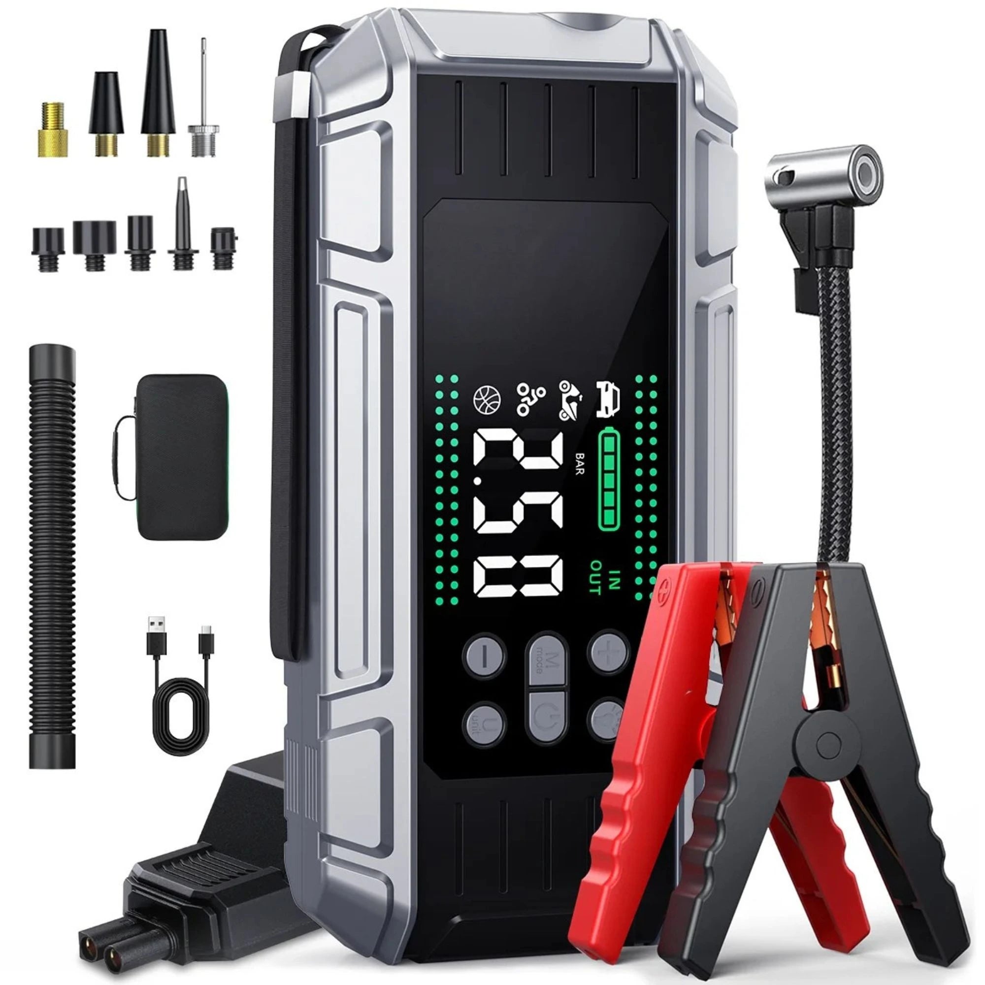 Heavy-Duty Jump Starter Pro portable jump starter with tyre inflator hose, nozzle attachments, jumper cables and carry case on a white background