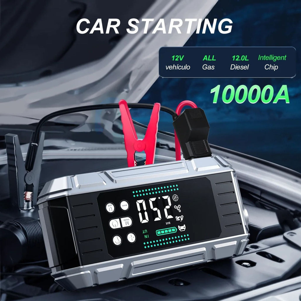 Heavy-Duty Jump Starter Pro 12V car jump starter clamped to a vehicle battery for a 10000A petrol or diesel engine start