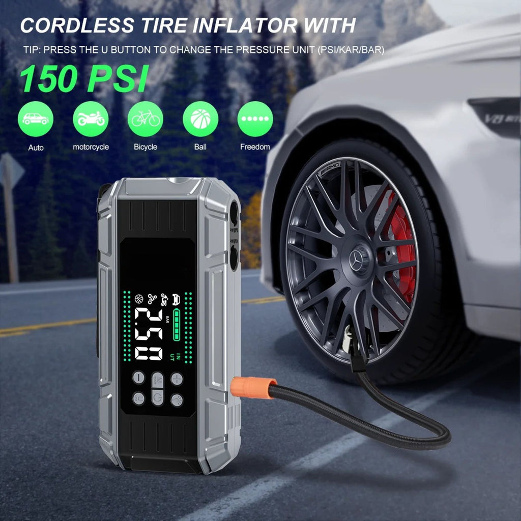 Heavy-Duty Jump Starter Pro cordless tyre inflator pumping a car tyre to 150 PSI on the roadside