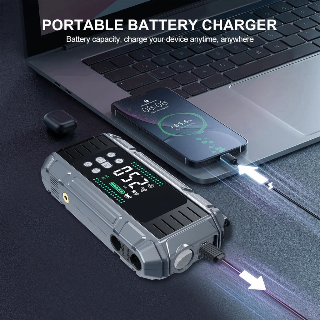Heavy-Duty Jump Starter Pro charging a smartphone and wireless earbuds via USB-C as a portable battery charger