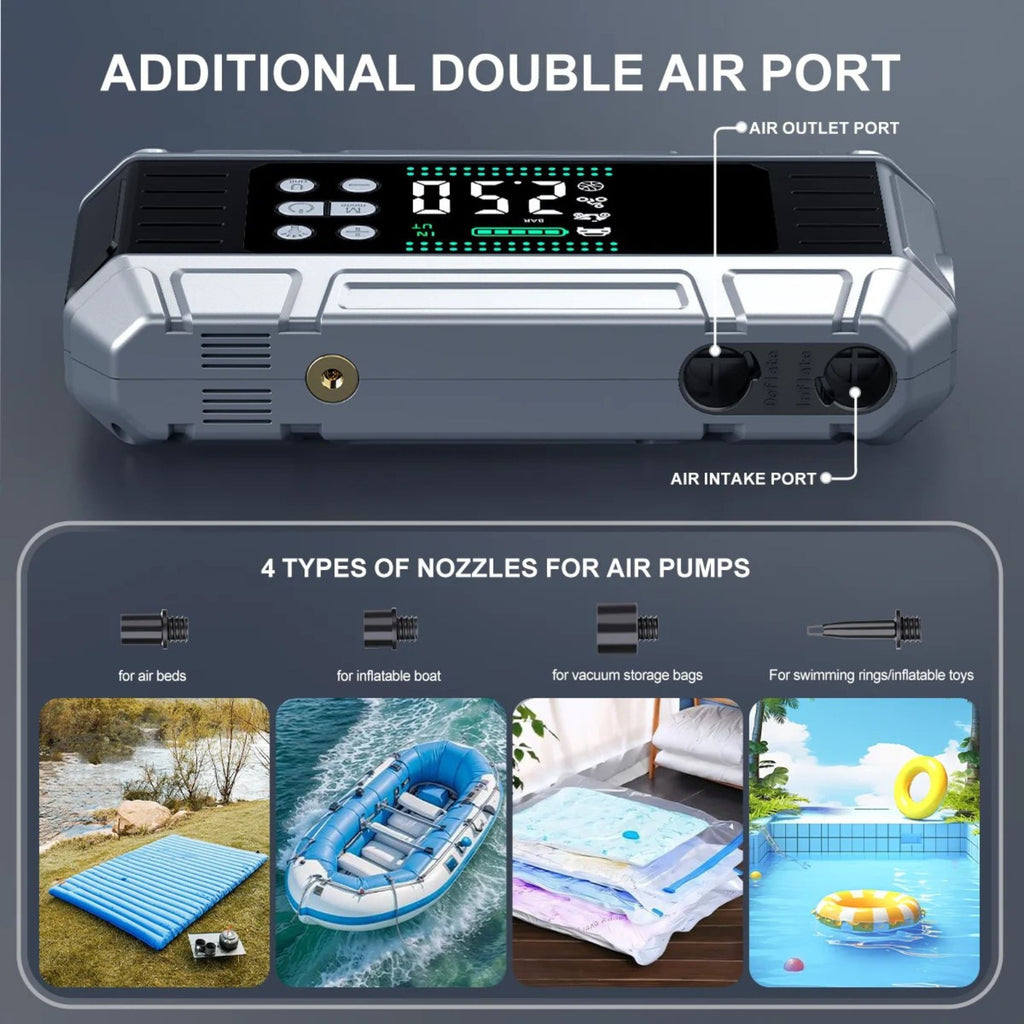 Heavy-Duty Jump Starter Pro dual air outlet and intake ports with four nozzles for air beds, inflatable boats, vacuum bags and pool toys