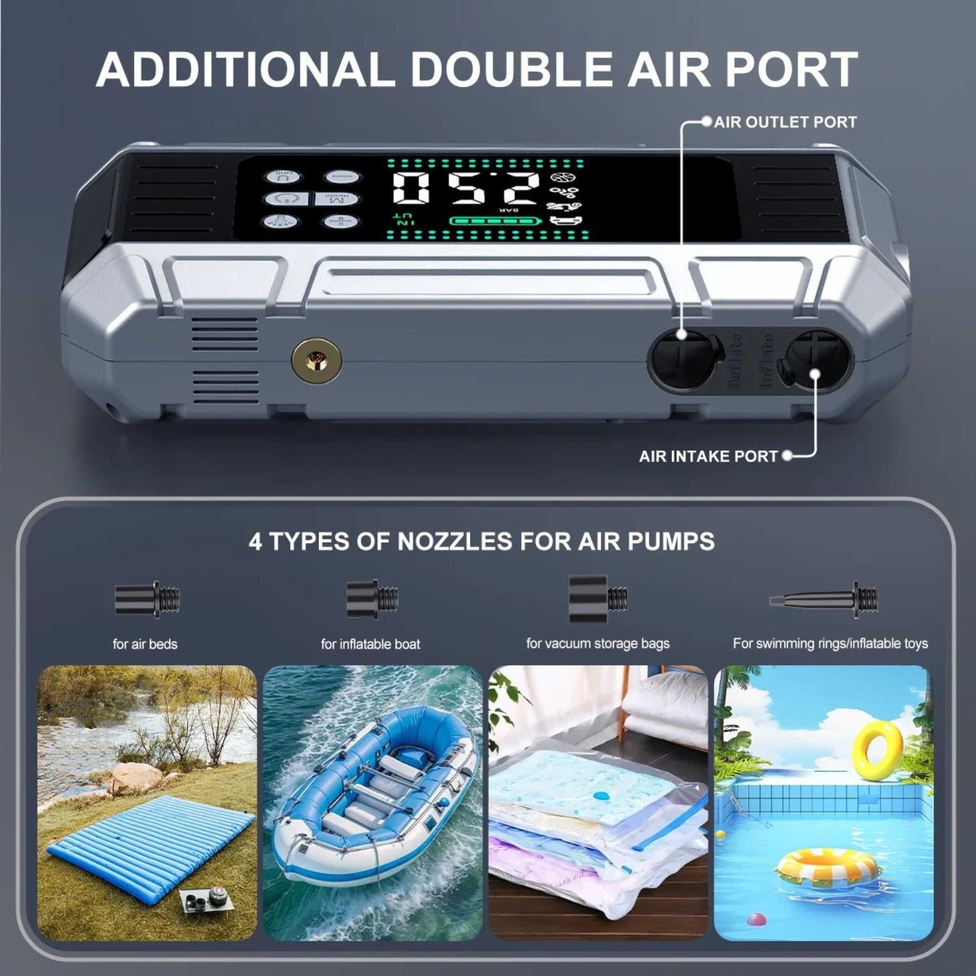 Heavy-Duty Jump Starter Pro dual air outlet and intake ports with four nozzles for air beds, inflatable boats, vacuum bags and pool toys