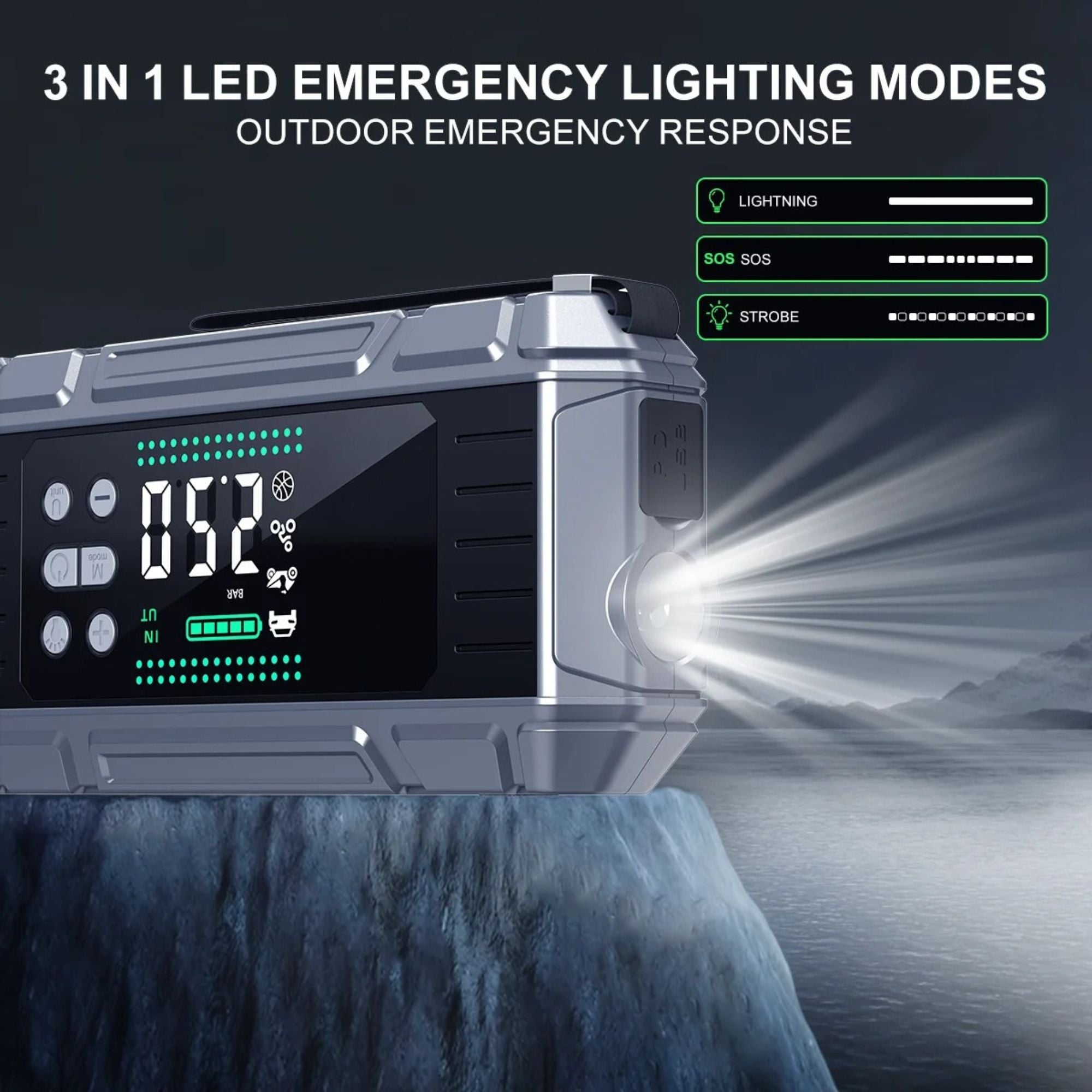 Heavy-Duty Jump Starter Pro shining a torch beam outdoors at night in lightning, SOS and strobe emergency lighting modes