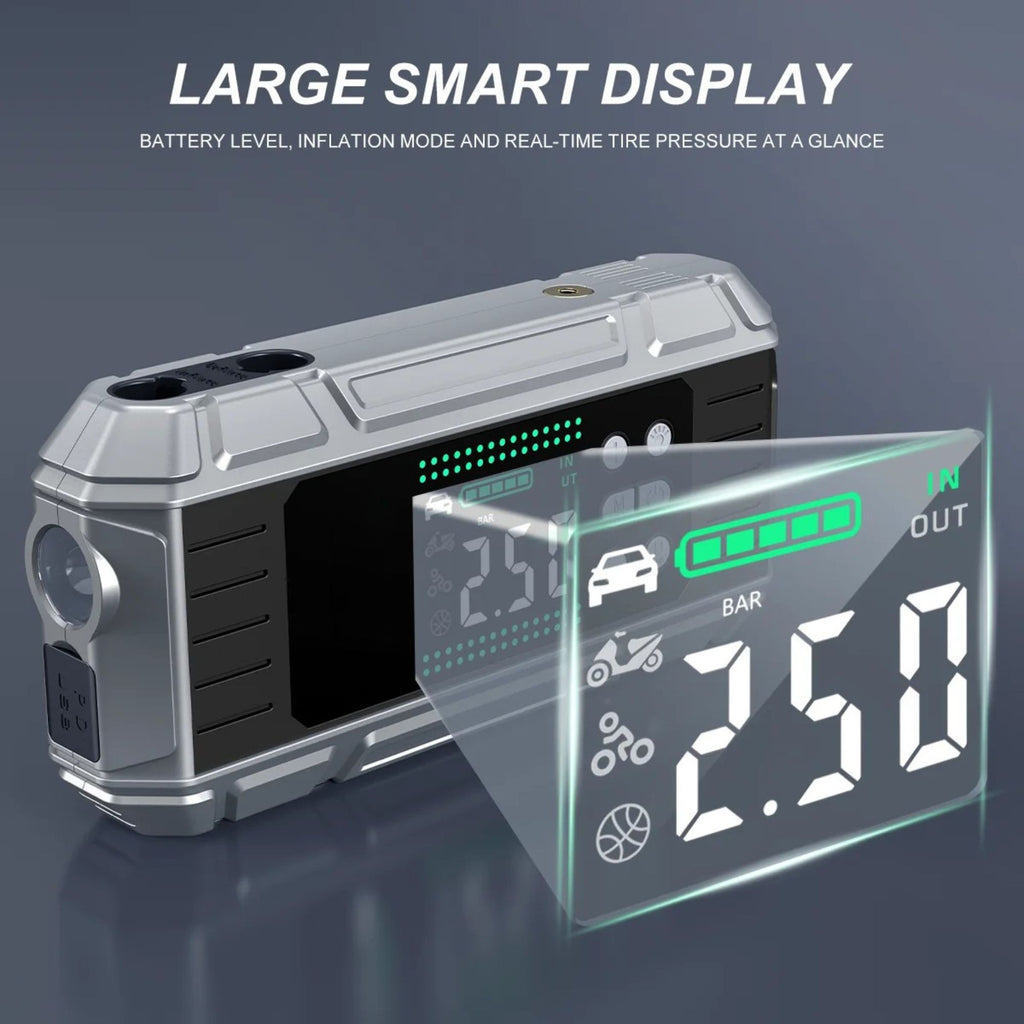 Close-up of the Heavy-Duty Jump Starter Pro's smart LED display showing battery level and tyre pressure in PSI