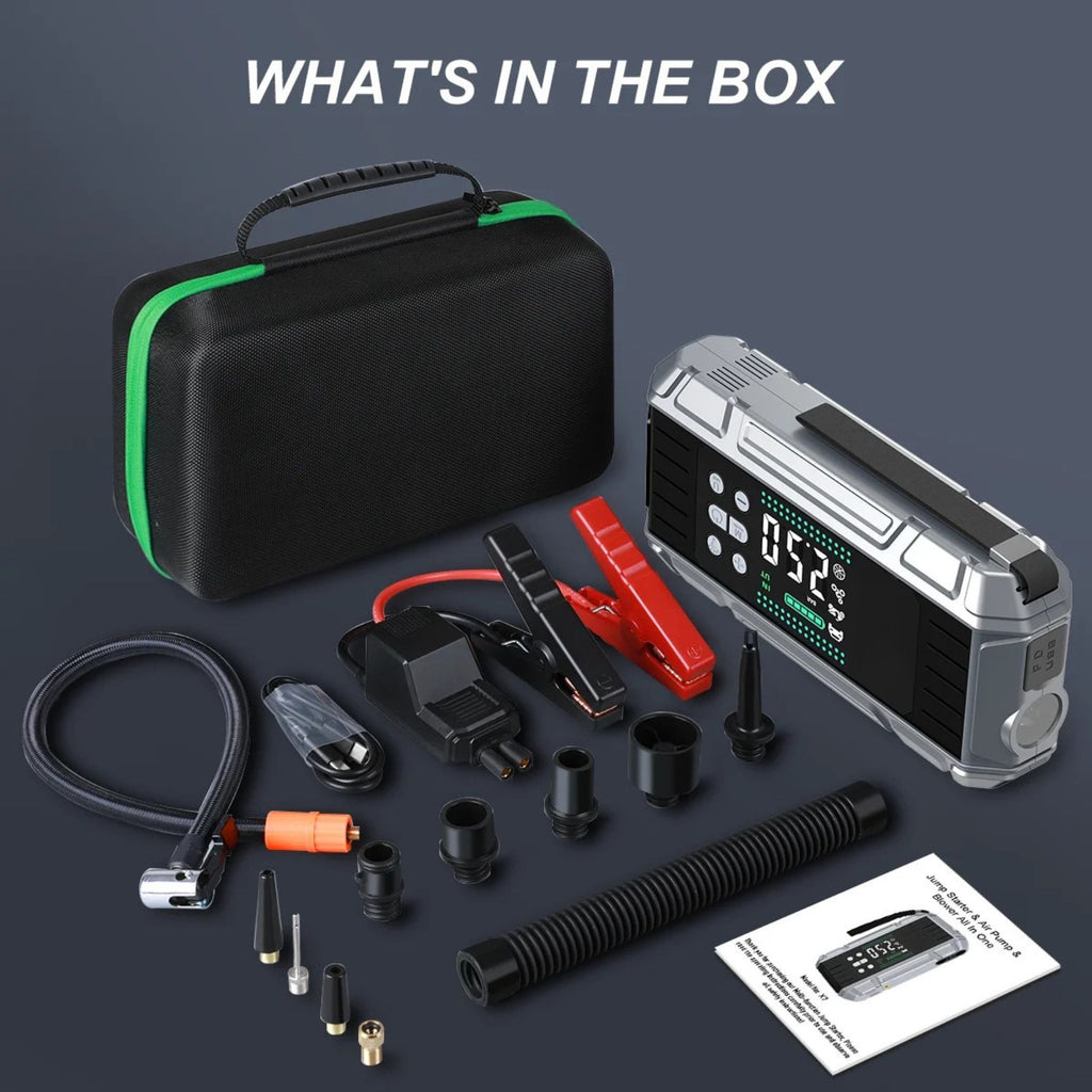 Heavy-Duty Jump Starter Pro complete kit with carry case, jumper cables, inflator hose, nozzles, USB cable and manual
