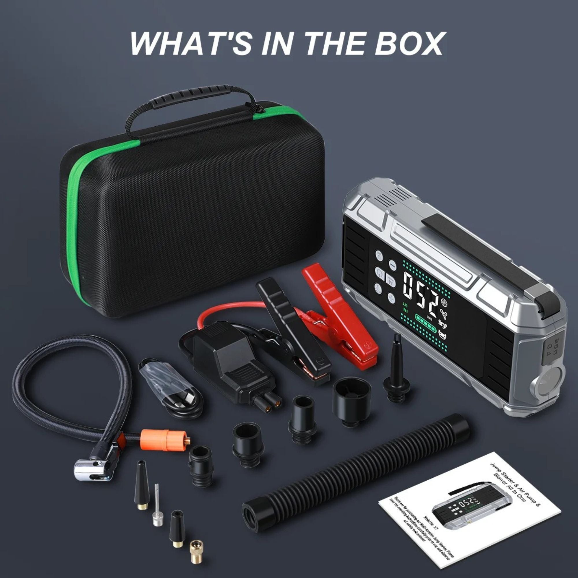 Heavy-Duty Jump Starter Pro complete kit with carry case, jumper cables, inflator hose, nozzles, USB cable and manual