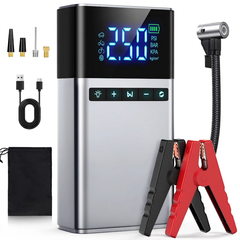 Heavy-Duty Jump Starter & Compressor with blue digital display, jumper clamps, air hose, USB-C cable, nozzles and storage bag