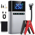 Heavy-Duty Jump Starter & Compressor with blue digital display, jumper clamps, air hose, USB-C cable, nozzles and storage bag