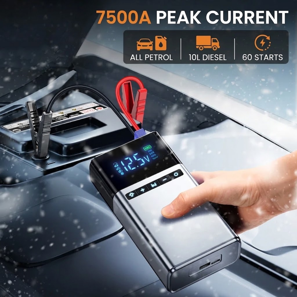 Heavy-Duty Jump Starter & Compressor connected to a car battery, rated 7500A peak for petrol and 10 L diesel engines