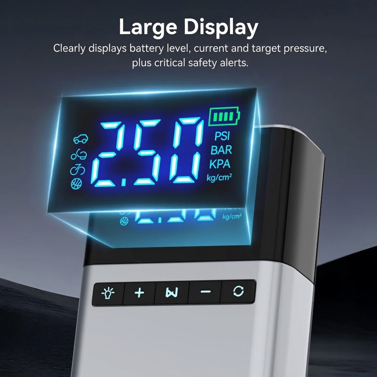Close-up of the Heavy-Duty Jump Starter & Compressor large digital display showing pressure, battery level and units