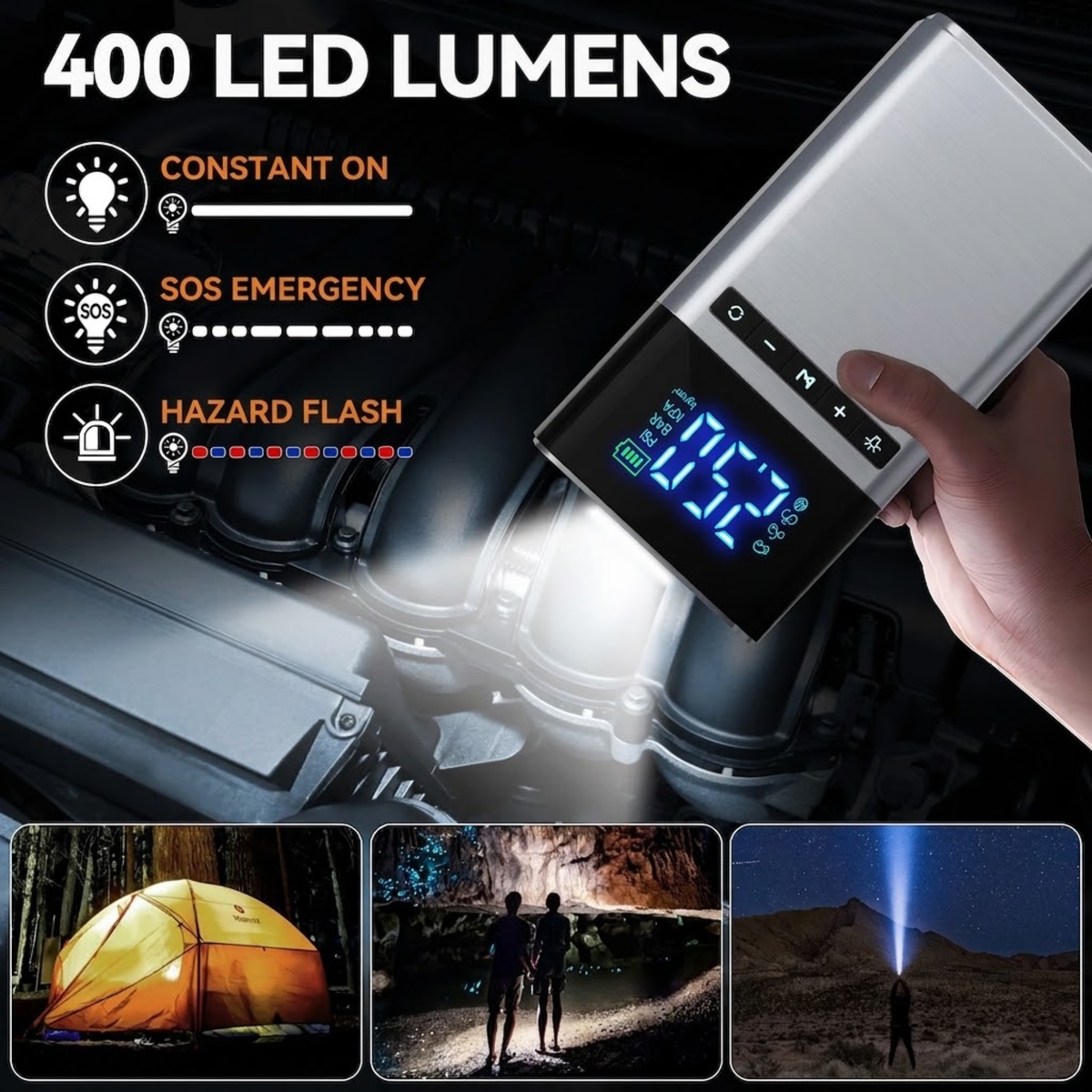 Heavy-Duty Jump Starter & Compressor 400 lumen LED torch lighting an engine bay, with constant, SOS and hazard flash modes