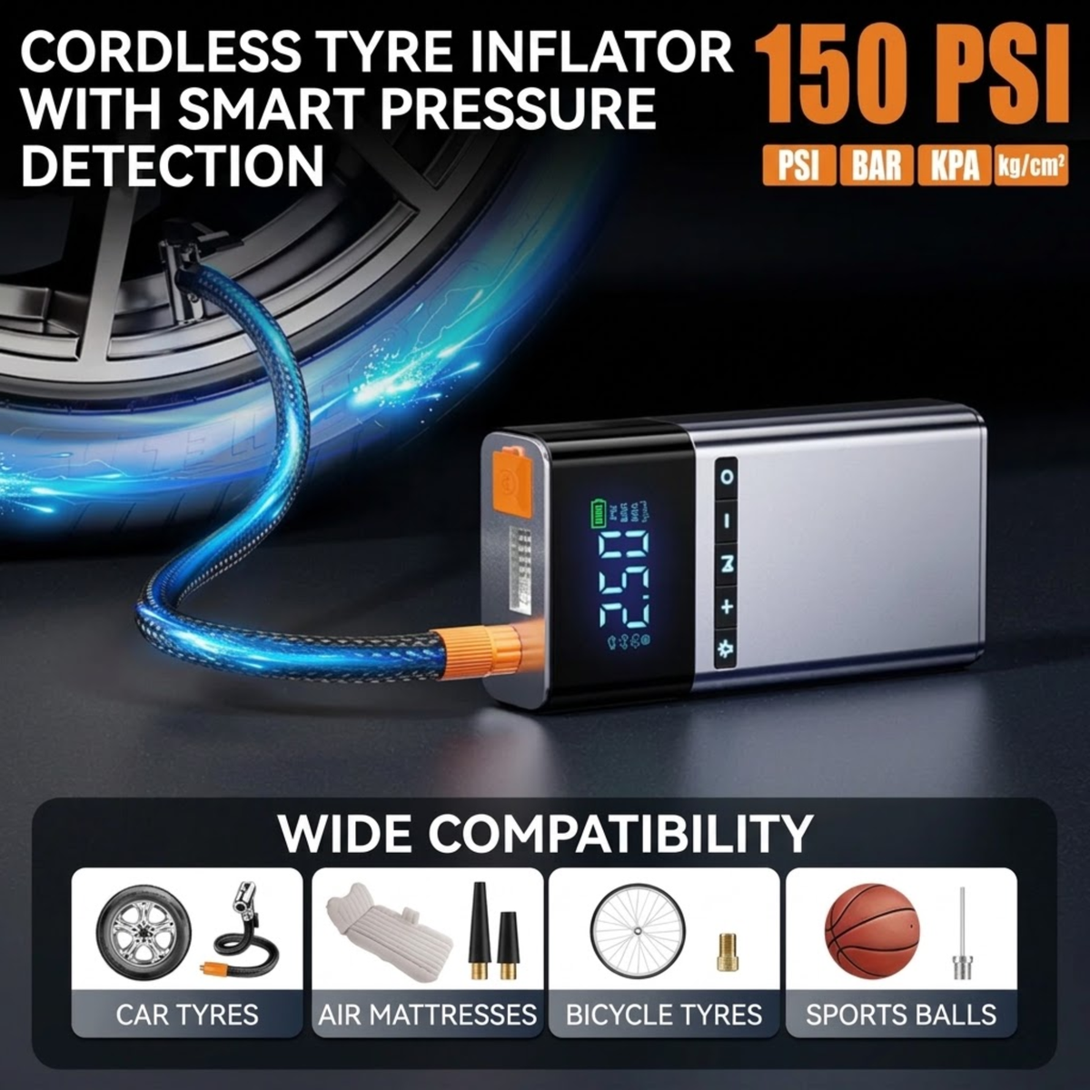 Heavy-Duty Jump Starter & Compressor inflating a car tyre to 150 PSI, also for air mattresses, bicycle tyres and sports balls