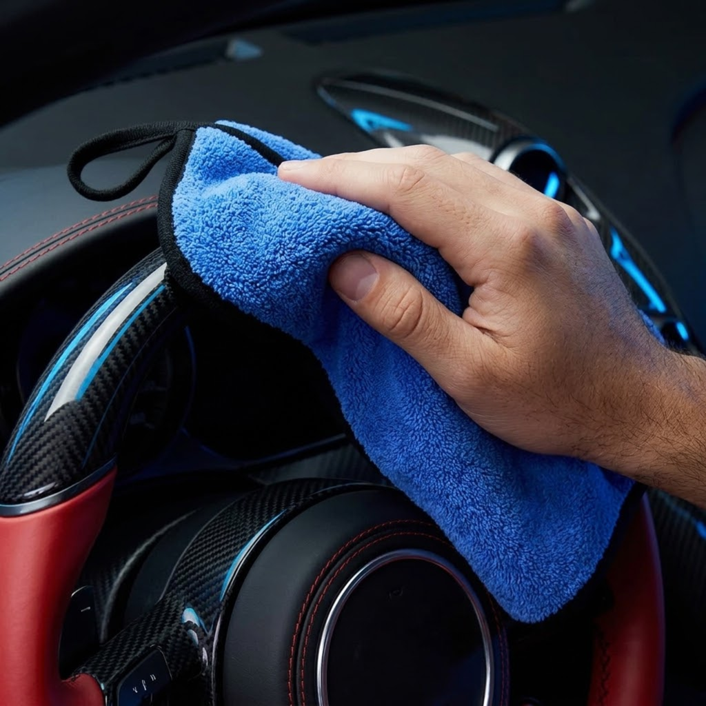 A close-up of a person's hand holding a bright blue microfiber cleaning cloth and wiping a carbon fiber and red leather car steering wheel.