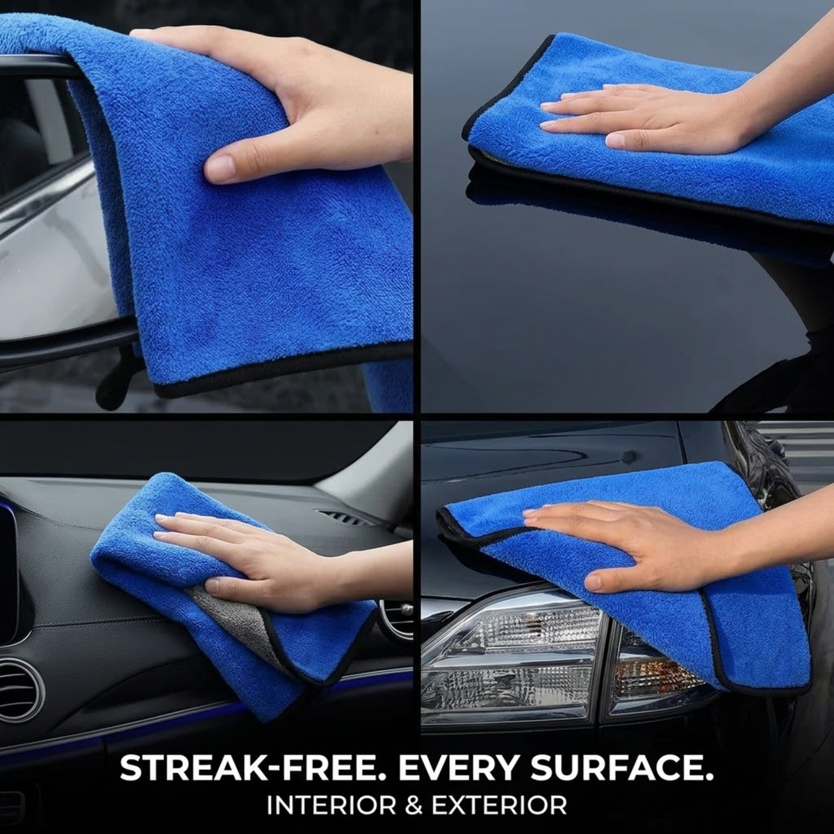 A four-panel collage showing a blue microfiber cloth being used to clean a car window, dashboard, and headlight. A hand is visible in each panel, and the bottom text reads 'STREAK-FREE.