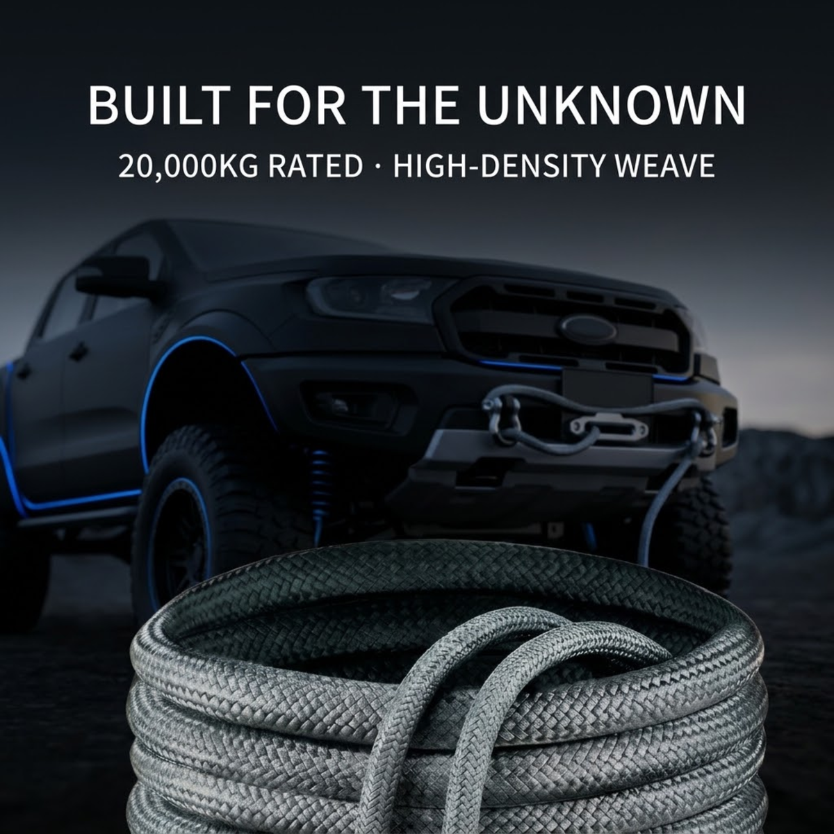 Heavy-Duty Recovery Rope. built for the unknown. 20000KG rated. high-density weave.