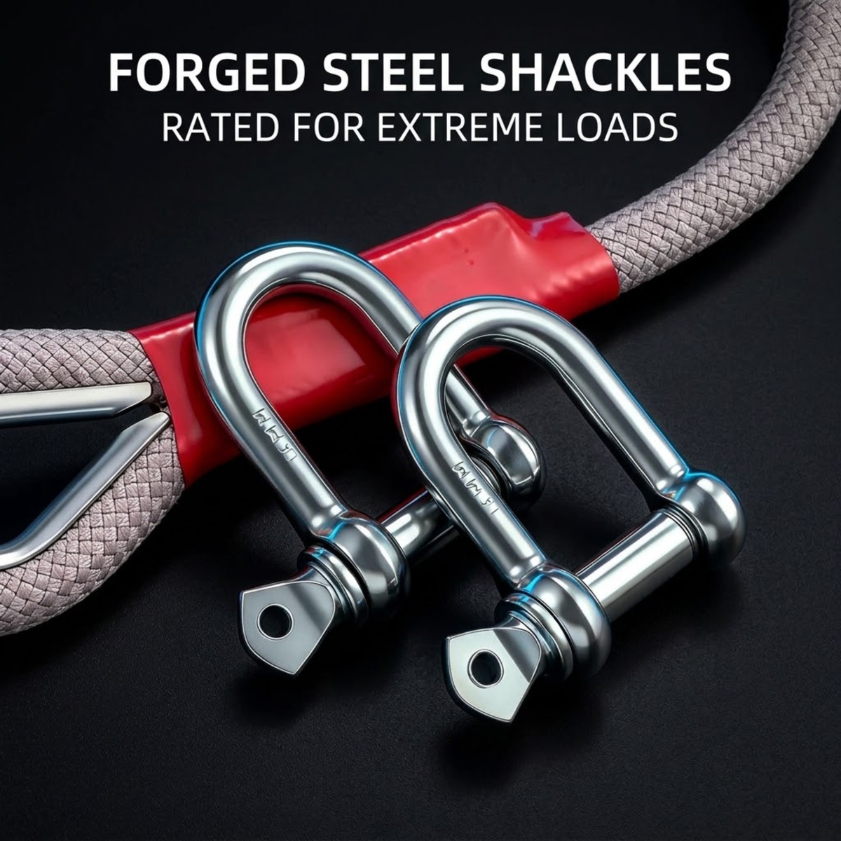 Heavy-Duty Recovery Rope. forged steel shackles. rated for extreme loads.