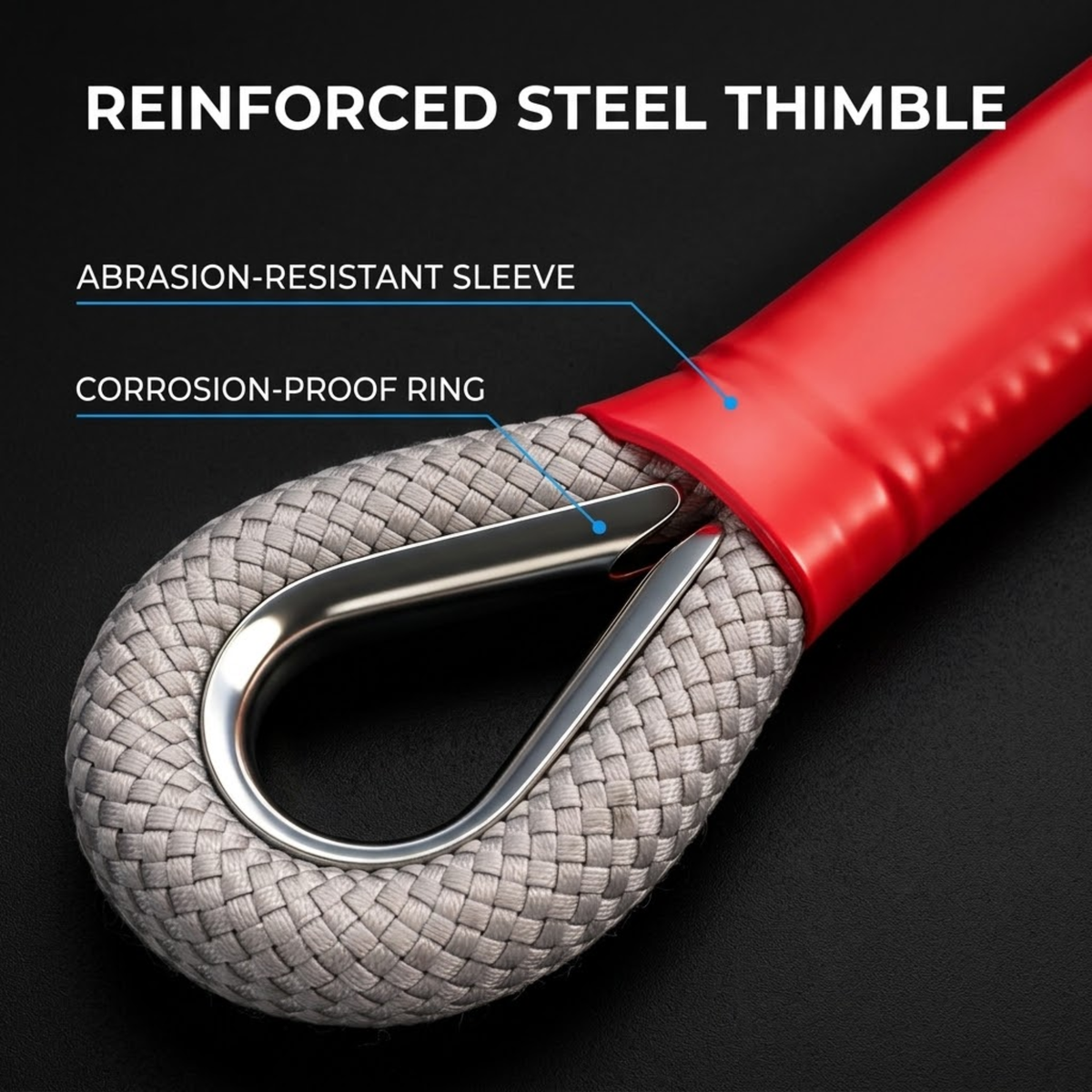 Heavy-Duty Recovery Rope. reinforced steel thimble. abrasion-resistant sleeve. corrosion-proof ring.