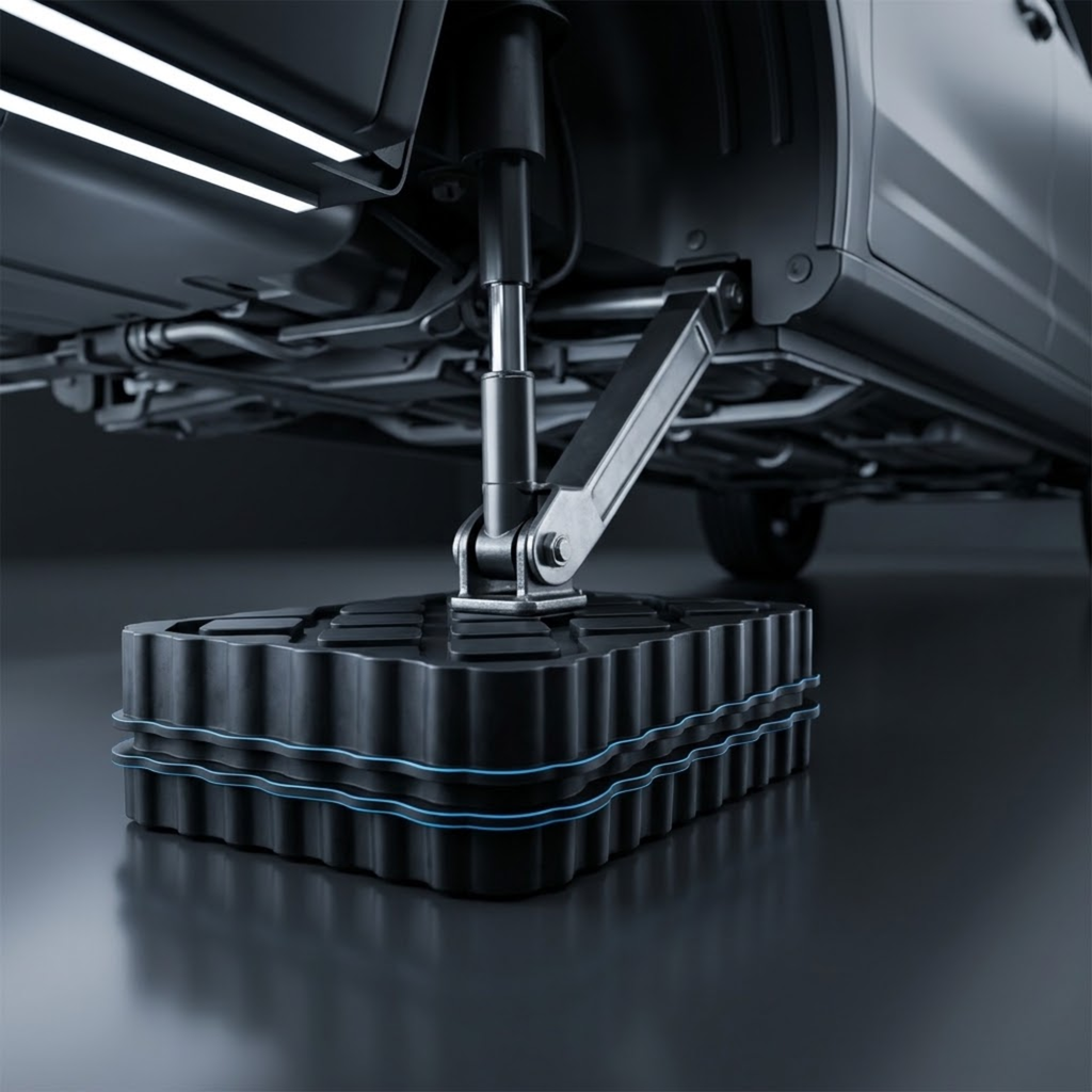 A close-up of a black undercarriage jack or lifting platform with a ribbed square base and blue accent lines, supporting the underside of a vehicle.