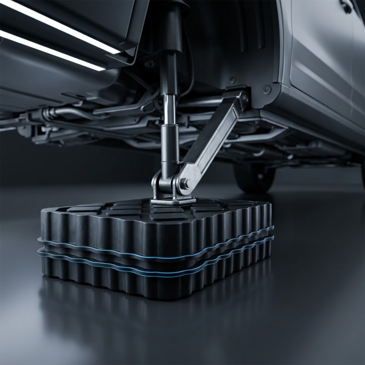 A close-up of a black undercarriage jack or lifting platform with a ribbed square base and blue accent lines, supporting the underside of a vehicle.