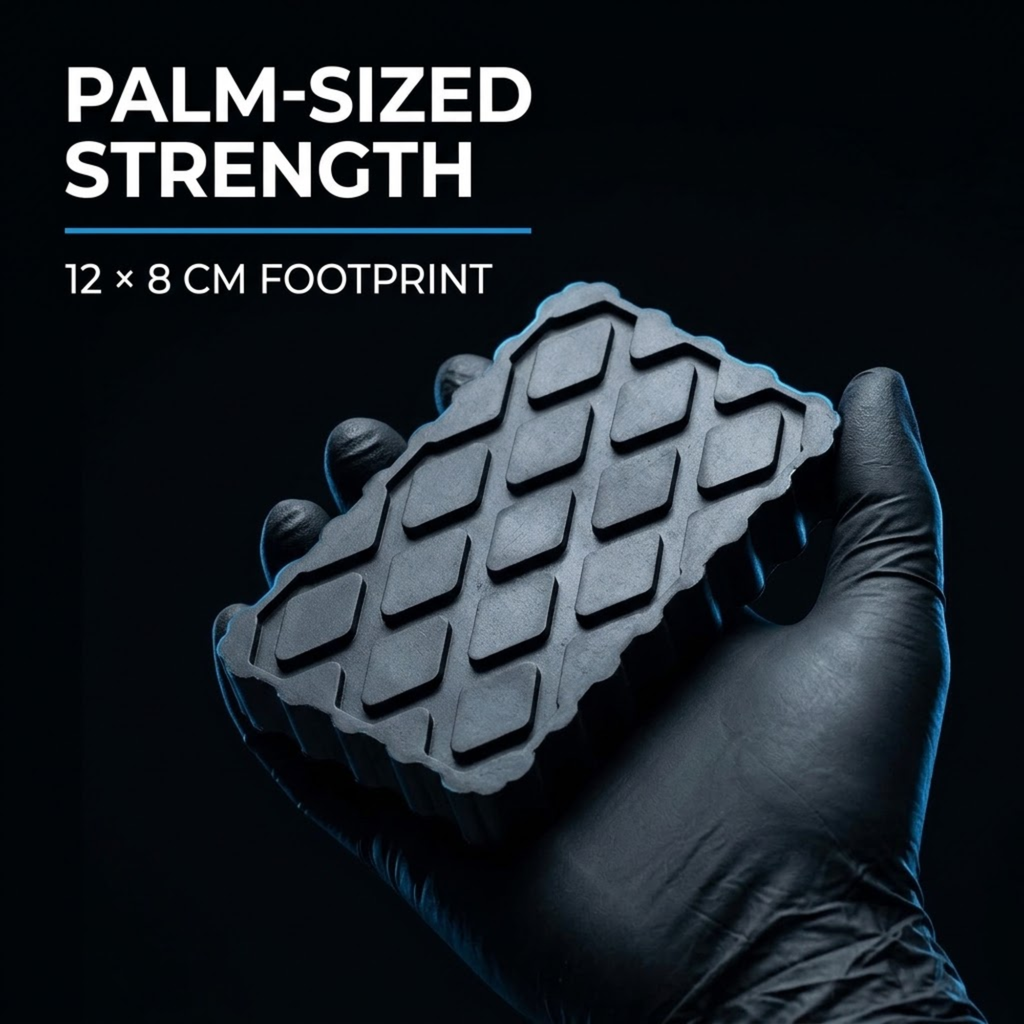 A black textured grip pad or foam block held in a gloved hand against a dark background, with text reading 'PALM-SIZED STRENGTH' and '12 x 8 CM FOOTPRINT'.