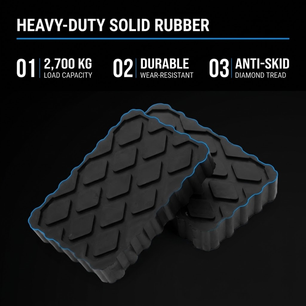 Two black heavy-duty solid rubber matting pads with a diamond tread pattern, shown on a black background with marketing text highlighting load capacity, durability, and anti-skid performance.