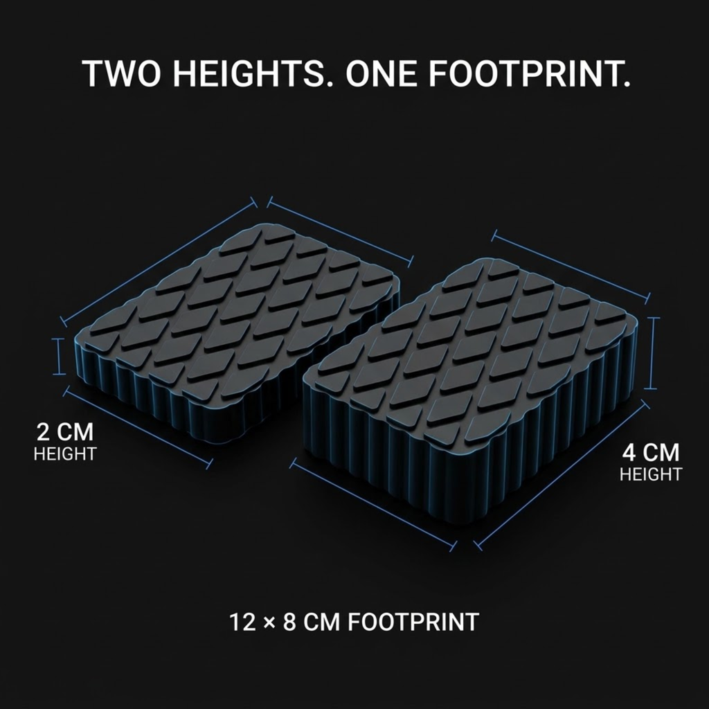 Two black textured rectangular pads shown on a dark background with overlaid dimension labels: 2 cm height, 4 cm height, and 12 x 8 cm footprint. White text at the top reads 'TWO HEIGHTS.