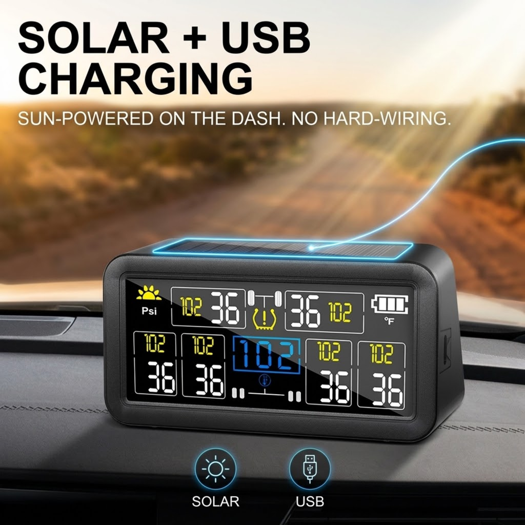 4WD & Caravan Tyre Monitor display with built-in solar panel on a car dashboard, with solar and USB charging icons