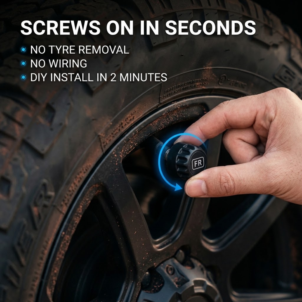 Hand screwing a 4WD & Caravan Tyre Monitor sensor onto the valve stem of a muddy off-road tyre, no tyre removal or wiring needed