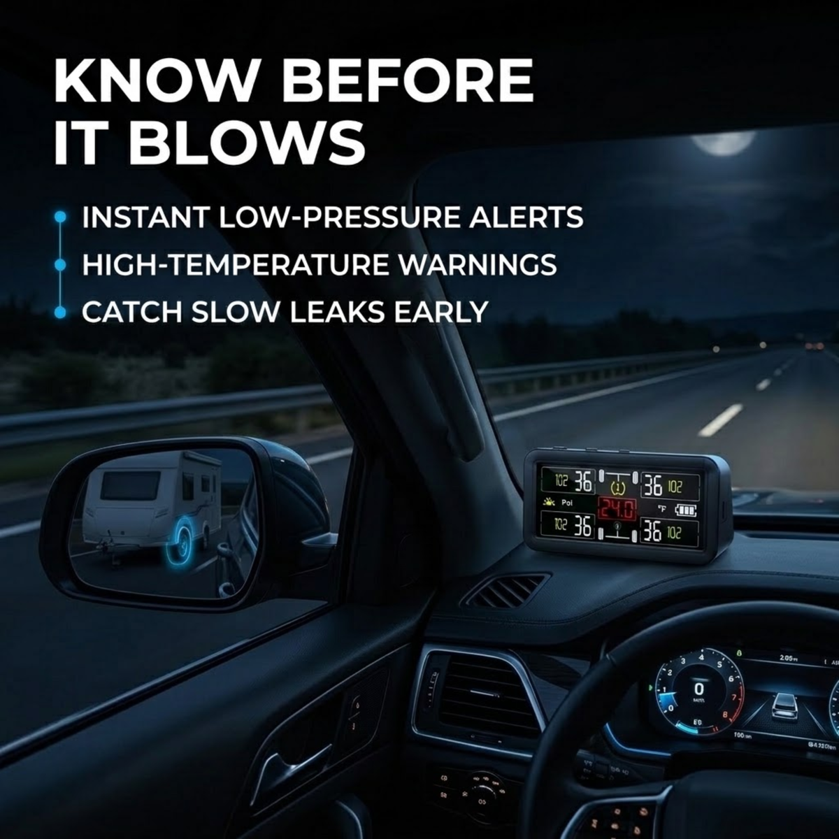 4WD & Caravan Tyre Monitor on a ute dashboard at night showing a low-pressure alert while towing a caravan on the highway