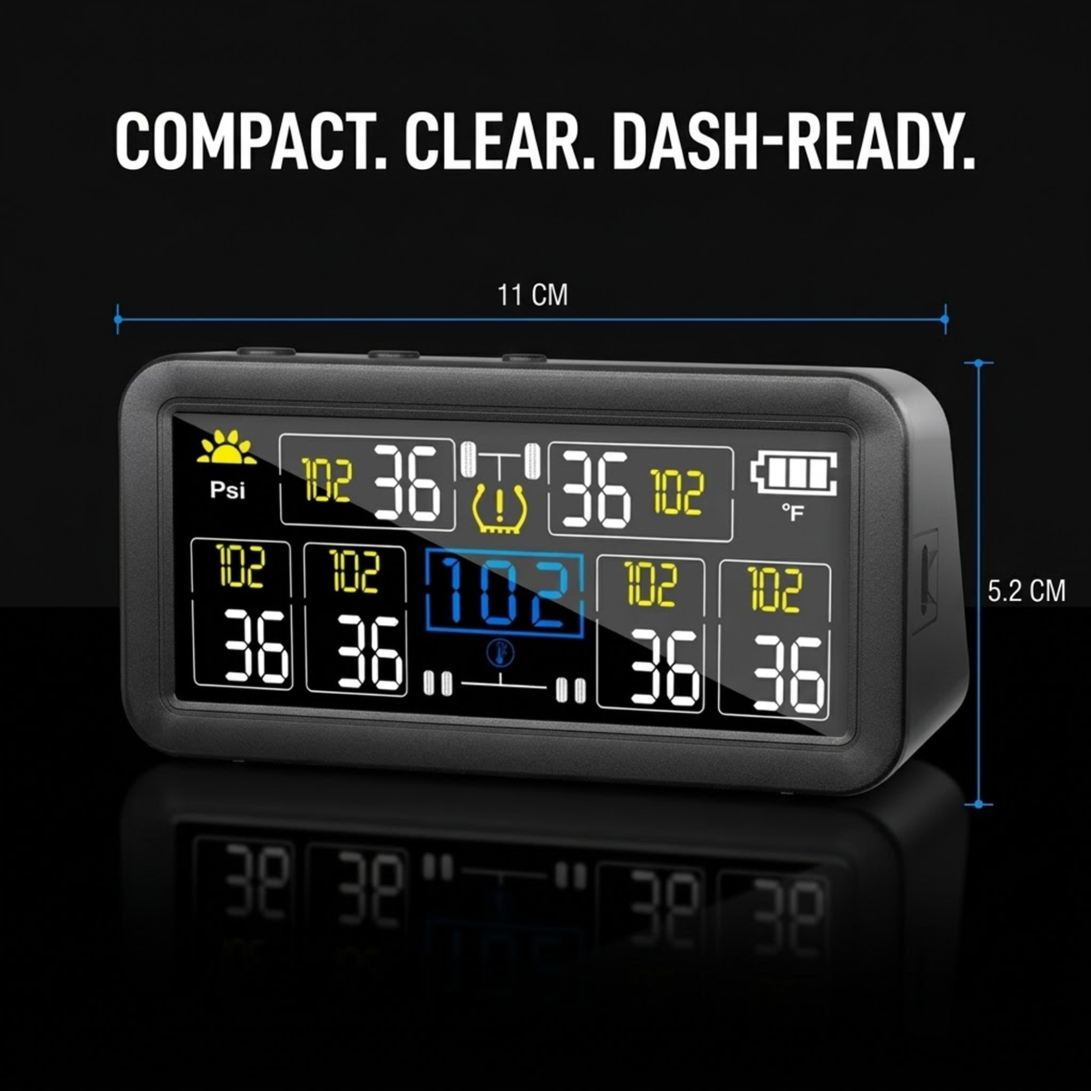 4WD & Caravan Tyre Monitor display unit dimensions diagram showing 11 cm width and 5.2 cm height
