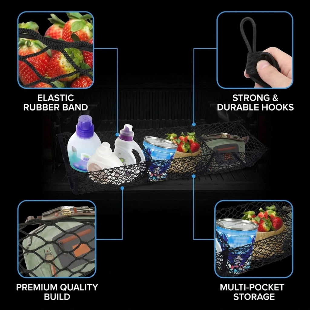 Black mesh hanging organizer with elastic rubber band and strong hooks, shown on a grill with strawberries, bottles, and cans in multi-pocket storage. Four inset callouts highlight features: elastic rubber band, strong and durable hooks, premium quality build, and multi-pocket storage.