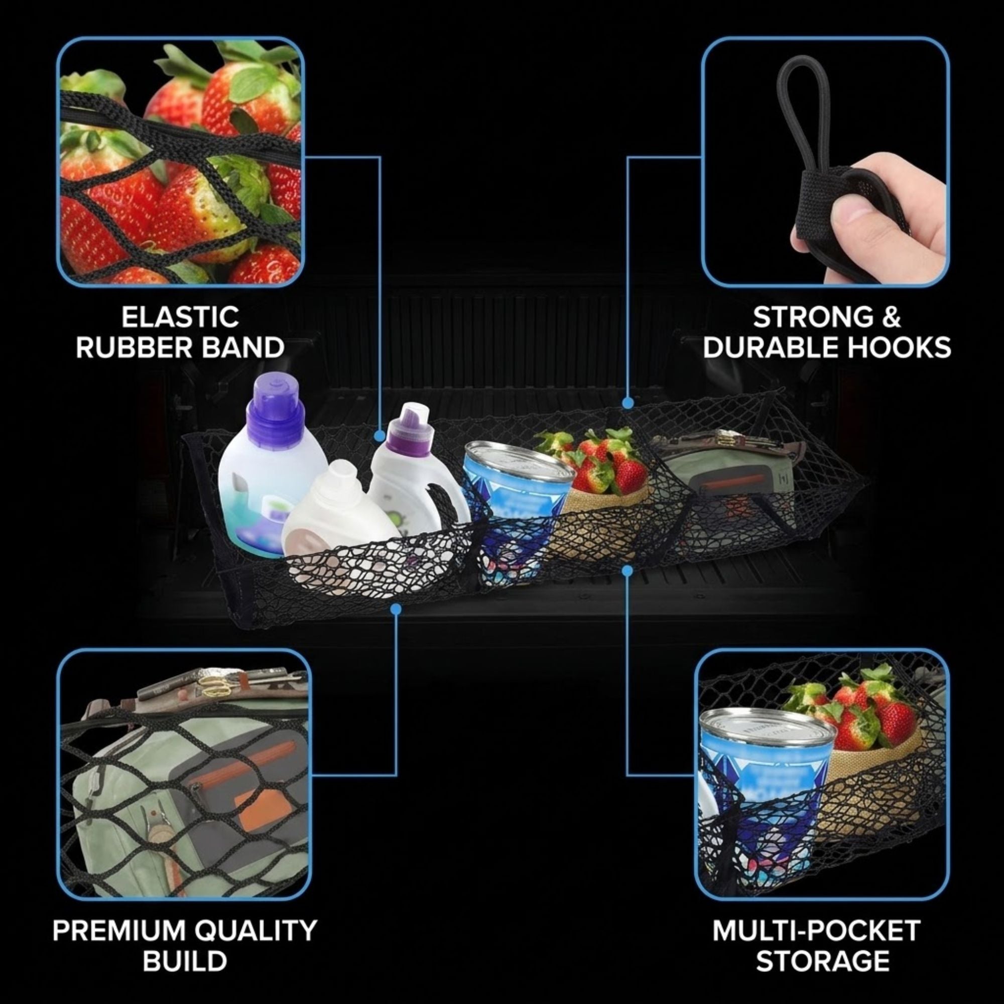 Black mesh hanging organizer with elastic rubber band and strong hooks, shown on a grill with strawberries, bottles, and cans in multi-pocket storage. Four inset callouts highlight features: elastic rubber band, strong and durable hooks, premium quality build, and multi-pocket storage.