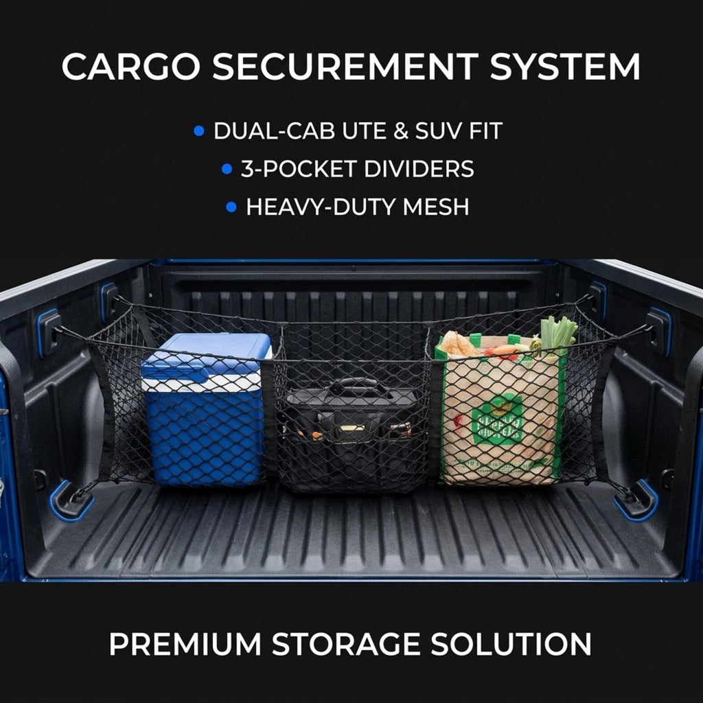 Cargo net system shown installed in the bed of a pickup truck, holding a blue cooler, a black hard case, and a green grocery bag. Text at the top reads 'CARGO SECUREMENT SYSTEM' with bullet points about dual-cab UTE and SUV fit, 3-pocket dividers, and heavy-duty mesh.