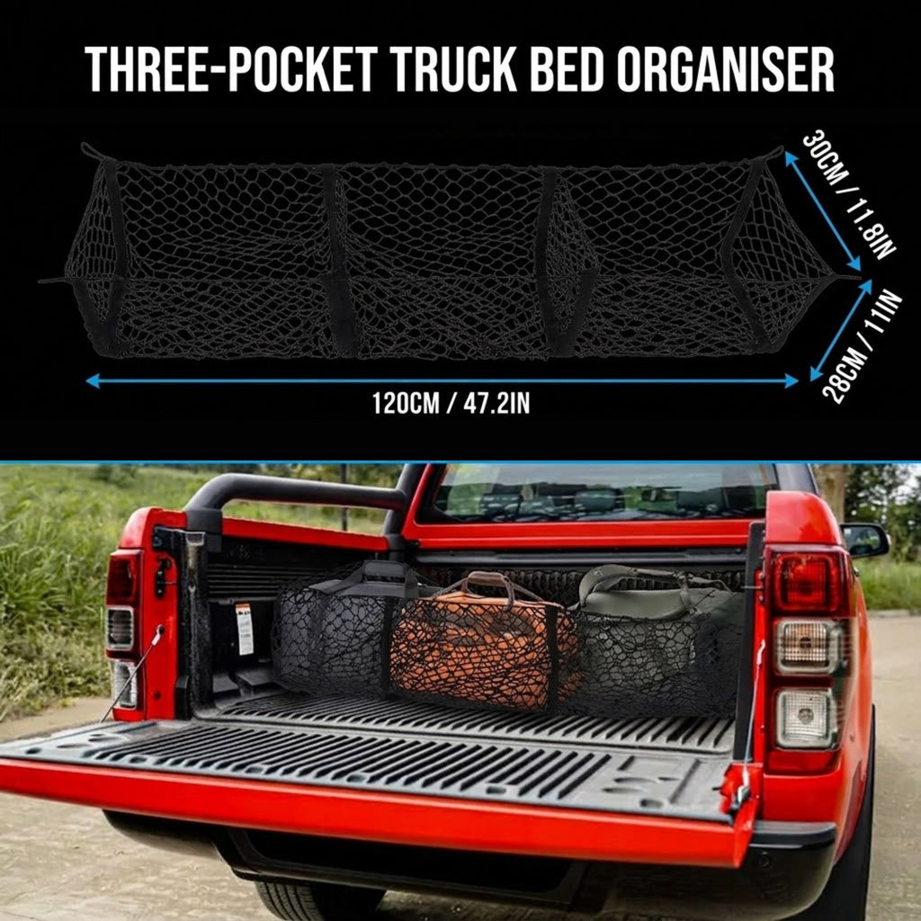 Three-pocket truck bed organizer net shown in a black product diagram with dimensions at the top, and installed in a red pickup truck bed with bags in the lower half.