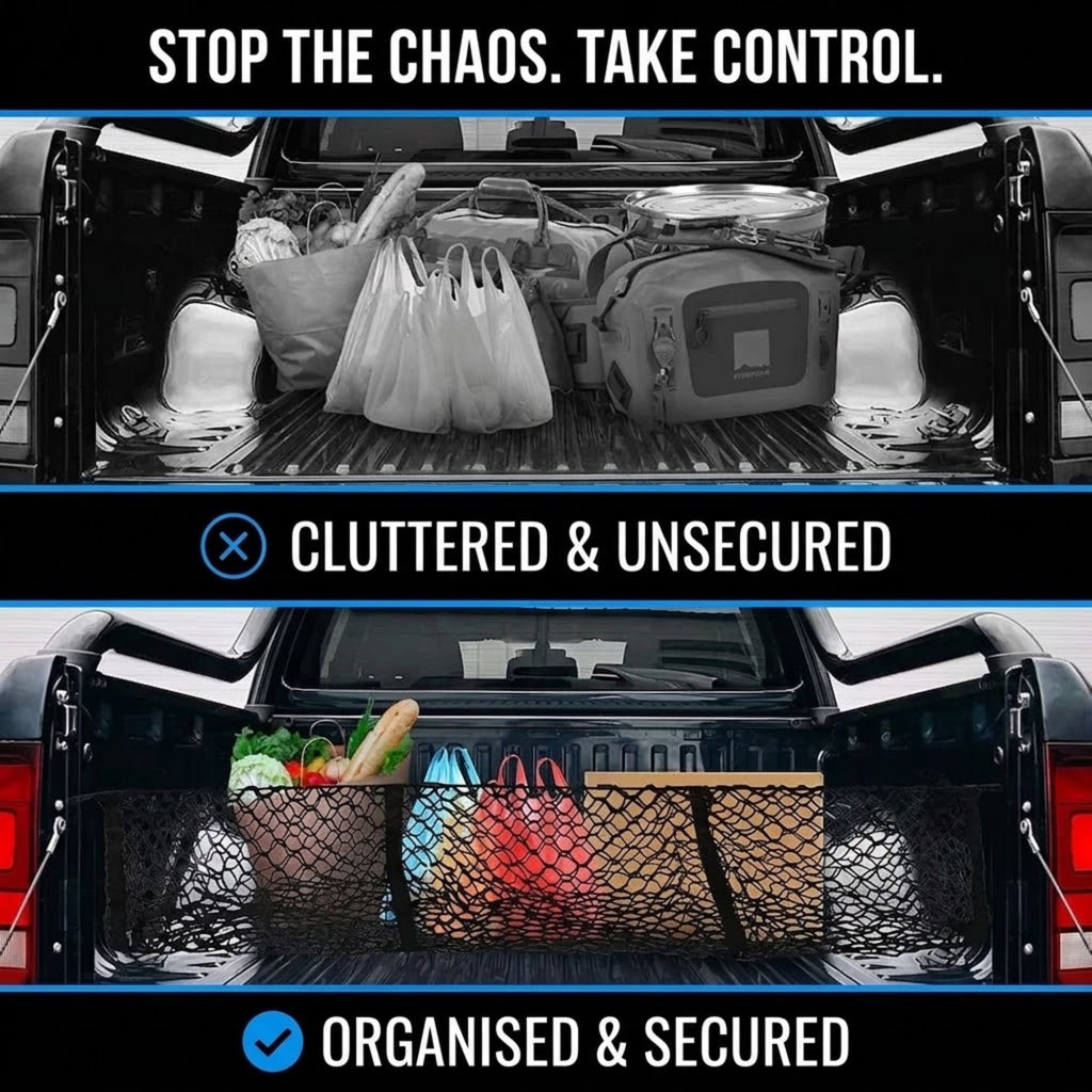 A before-and-after comparison graphic showing a black mesh truck bed cargo net. The top panel, labeled 'CLUSTERED & UNSECURED', shows a truck bed filled with various items like bags, boxes, and a cooler.