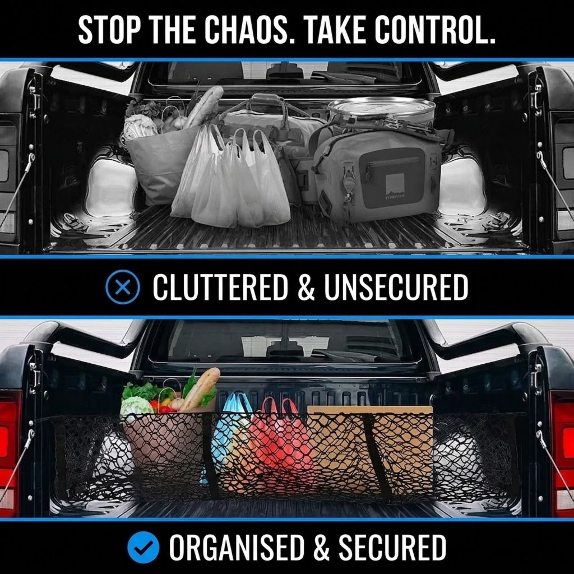 A before-and-after comparison graphic showing a black mesh truck bed cargo net. The top panel, labeled 'CLUSTERED & UNSECURED', shows a truck bed filled with various items like bags, boxes, and a cooler.