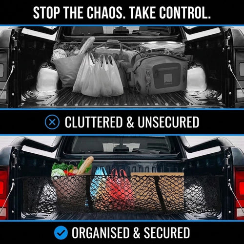 A before-and-after comparison graphic showing a black mesh truck bed cargo net. The top panel, labeled 'CLUSTERED & UNSECURED', shows a truck bed filled with various items like bags, boxes, and a cooler.